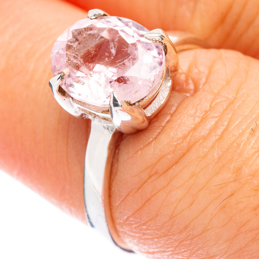 Sterling silver ring with large faceted pink morganite oval stone, prong setting