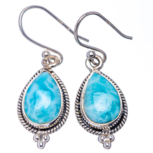 Pair of Larimar teardrop earrings in .925 sterling silver, scalloped bezel and fishhook clasps