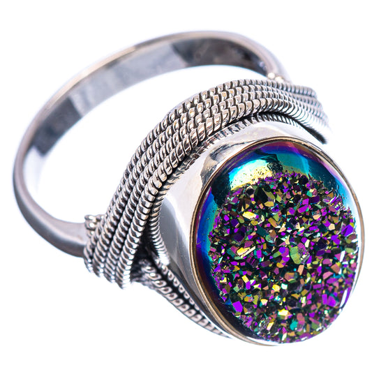 Sterling silver drusy ring with oval rainbow glitter center and braided band