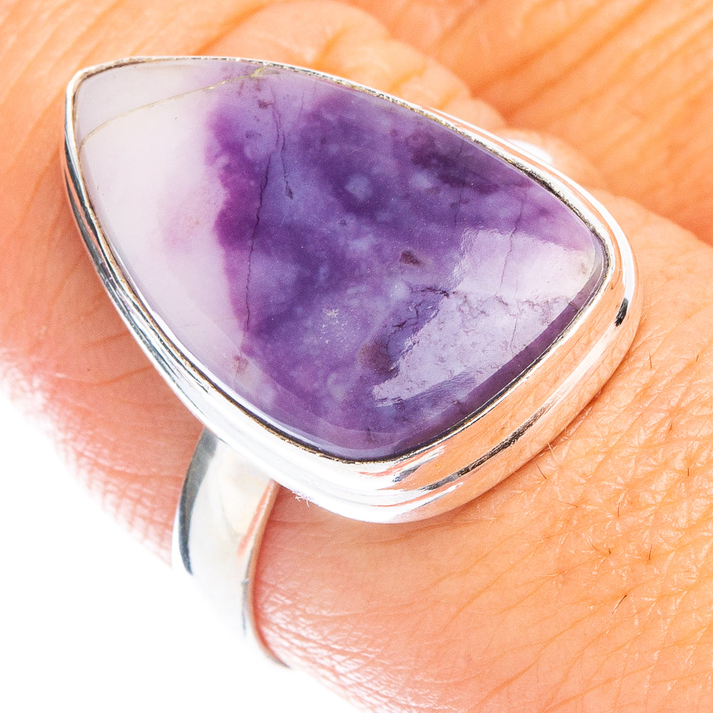 Silver ring with large purple teardrop Tiffany stone, bezel-set