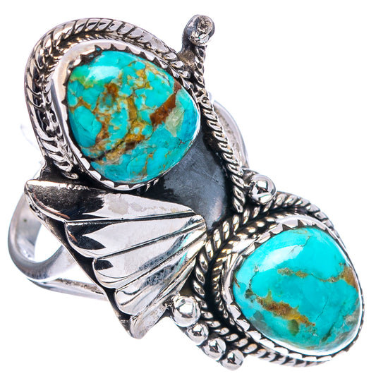 Native Style Mohave turquoise ring, stamped band with two turquoise oval cabochons