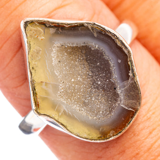 Sterling silver ring with oval druzy agate stone, gold-brown and smoky gray