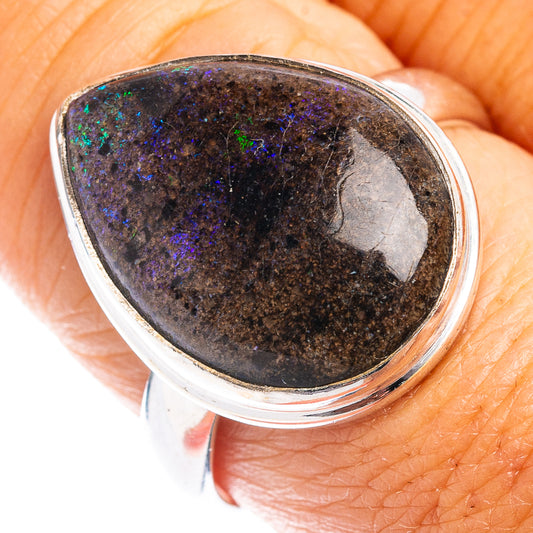 Sterling silver matrix opal ring with dark oval stone, green and blue sparkle
