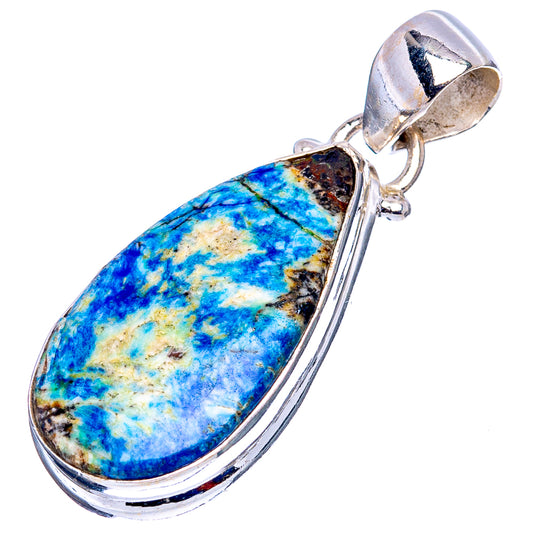Teardrop azurite stone pendant in polished sterling silver frame with bail