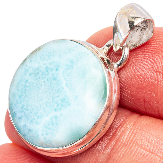 Round larimar gemstone pendant with 925 sterling silver bezel and bail, light blue stone