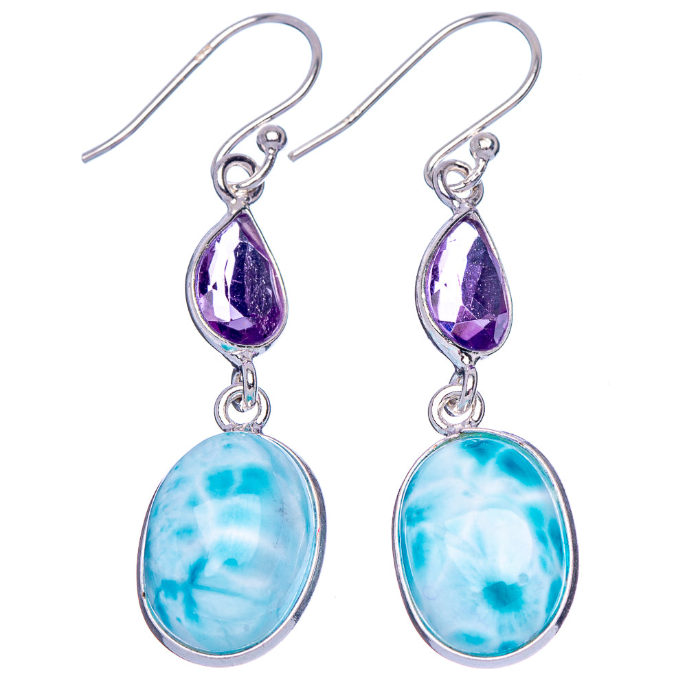 925 sterling silver drop earrings: purple amethyst teardrop tops with blue larimar oval drops