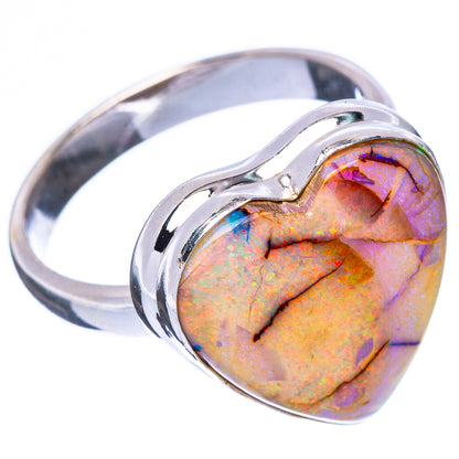 Sterling silver heart opal ring with multicolor gemstone center, curved band