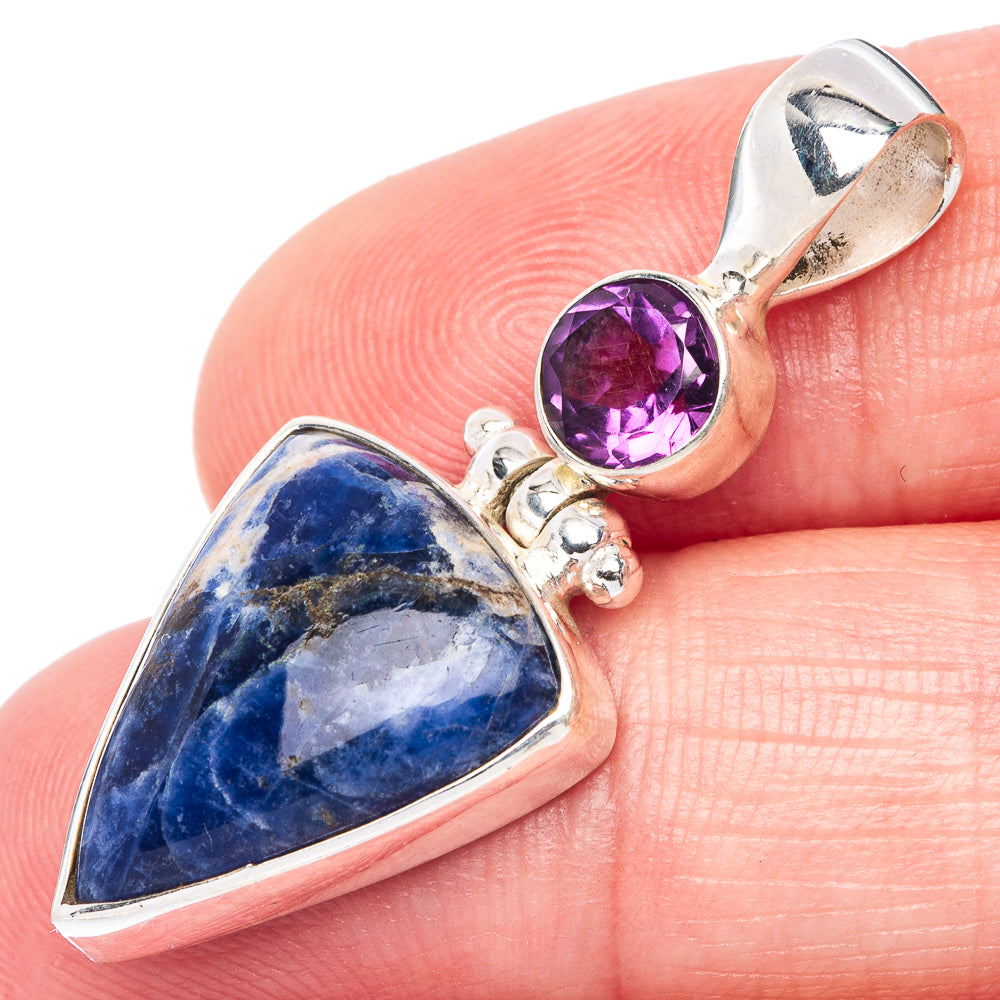 Sterling silver pendant with round purple amethyst and blue sodalite cabochon