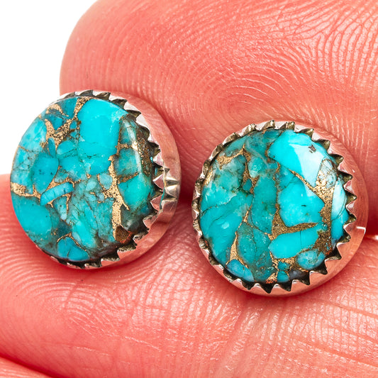 Round turquoise copper turquoise stud earrings, silver bezel with textured edge