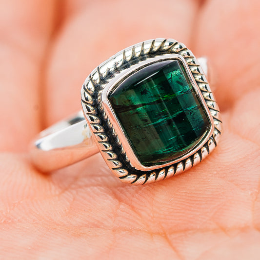 Rectangular green tourmaline ring with ornate .925 sterling silver setting