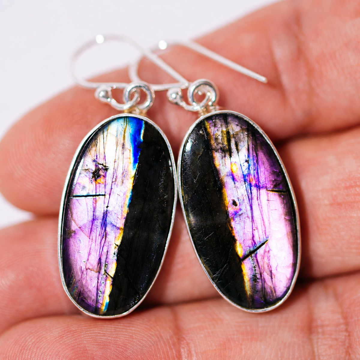Premium Spectrolite Earrings 1 5/8" (.925 Sterling Silver)