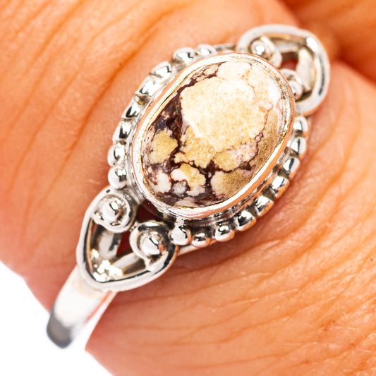 Sterling silver oval wild horse jasper ring with ornate bezel and bead-like details