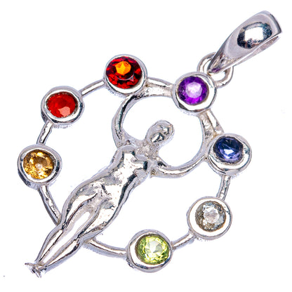 Sterling silver chakra man pendant, rainbow gemstone border around seated figure