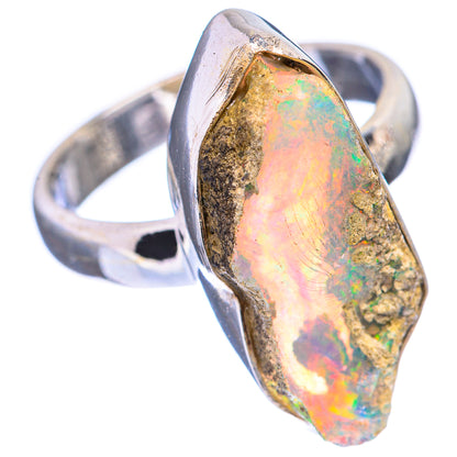 Sterling silver ring with raw opal bezel, multicolor iridescent green, pink, orange
