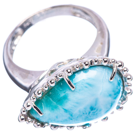 Sterling silver ring with oval blue larimar stone, prong setting and bead side detail