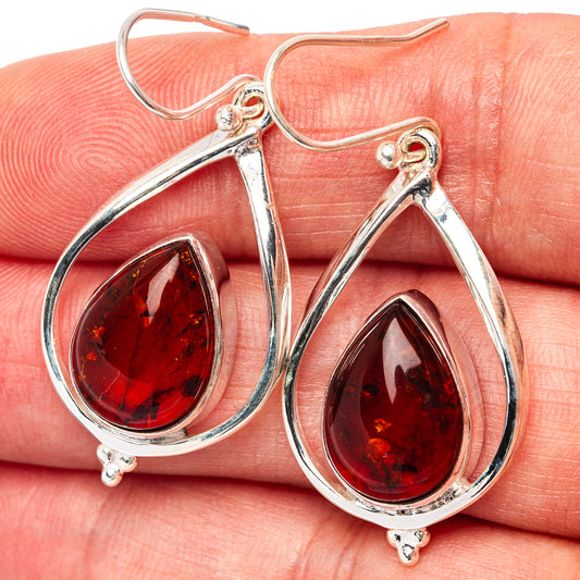 Sterling silver teardrop amber drop earrings with red marbled stones