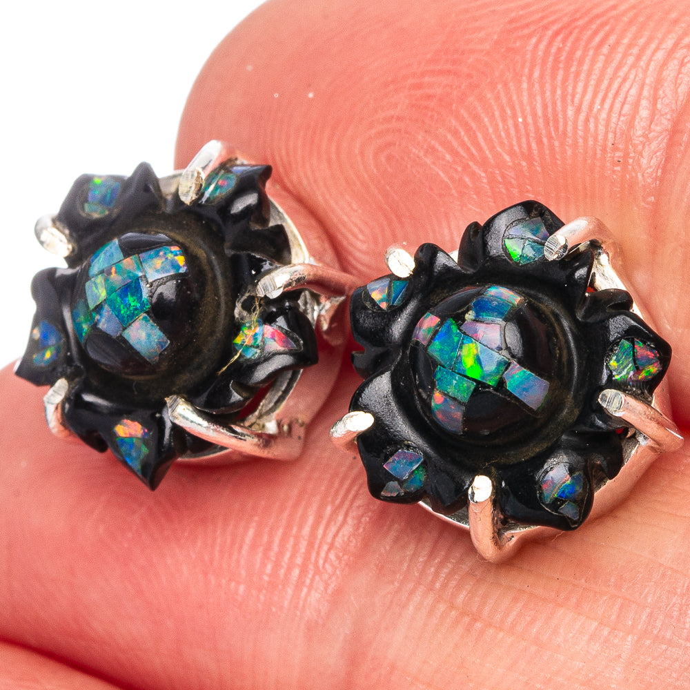 Rare Opal Black Onyx Flower Earrings 1/2" (925 Sterling Silver) E1115