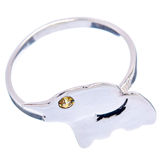 Sterling silver elephant ring with yellow citrine stone on face, open top band