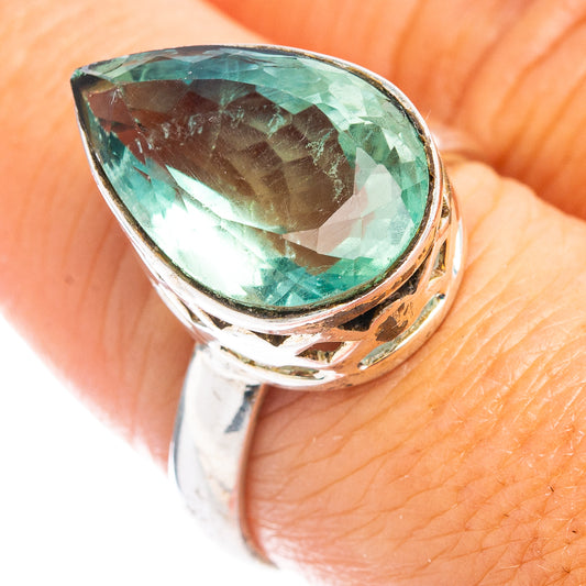 Teardrop green fluorite gemstone ring with sterling silver openwork band, size 8