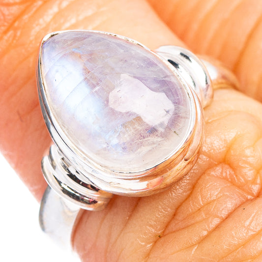 Sterling silver moonstone ring with oval rainbow iridescent cabochon, size 6