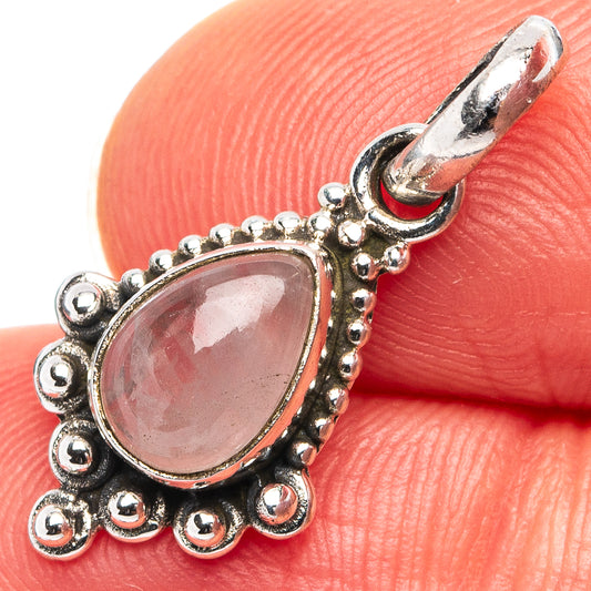 Rose quartz dainty pendant in .925 sterling silver, oval pink stone with beaded frame