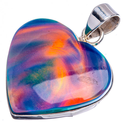 Heart-shaped sterling silver opal pendant, rainbow holographic-like color