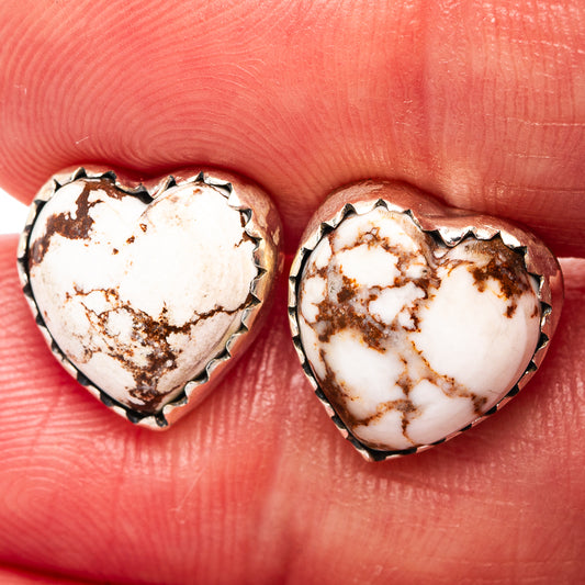 Sterling silver heart stud earrings with white and brown jasper stone centers