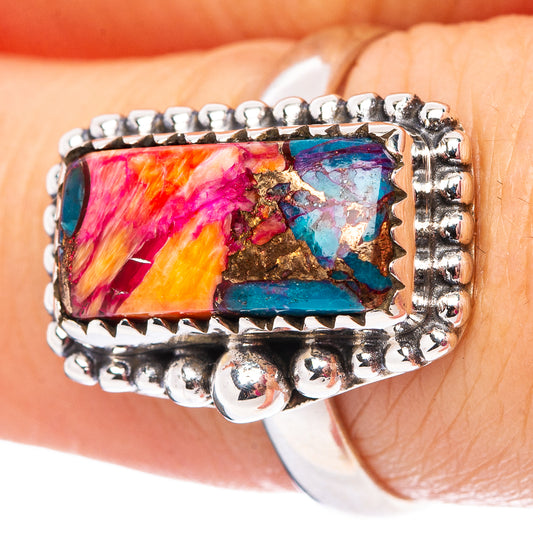 Rectangle mosaic gemstone inlay sterling silver ring, rounded beaded bezel