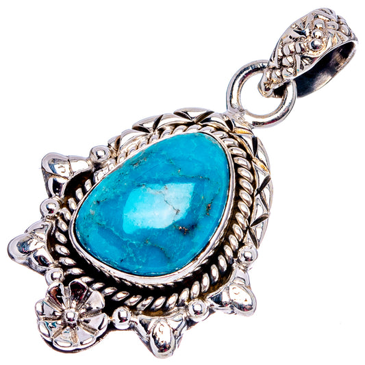 Turquoise teardrop pendant .925 sterling silver with ornate bail and floral border