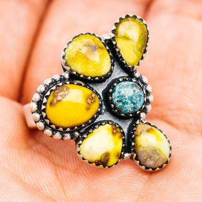 Yellow and blue turquoise cluster ring, silver beaded edge and dark setting