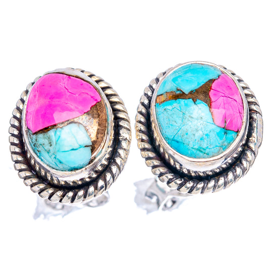 Pair of oval turquoise and pink cabochon stud earrings with .925 silver rope bezel