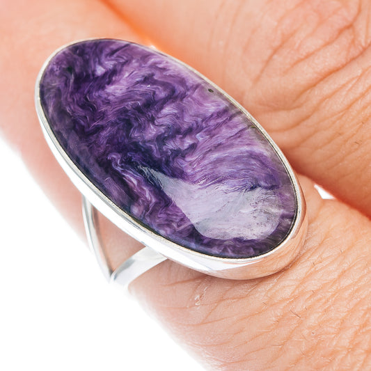 Oval purple charoite gemstone ring, .925 sterling silver bezel, size 8.25