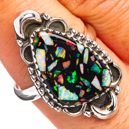 Southwestern Style Mosaic Opal Ring Size 9 Adjustable (.925 Sterling Silver)