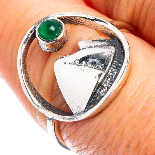 Sterling silver dainty ring with green onyx teardrop stone and mountain design