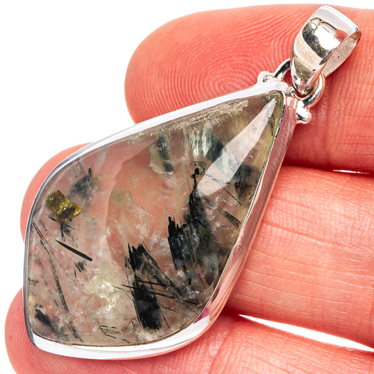 Prehnite teardrop pendant in .925 sterling silver, polished stone with dark inclusions