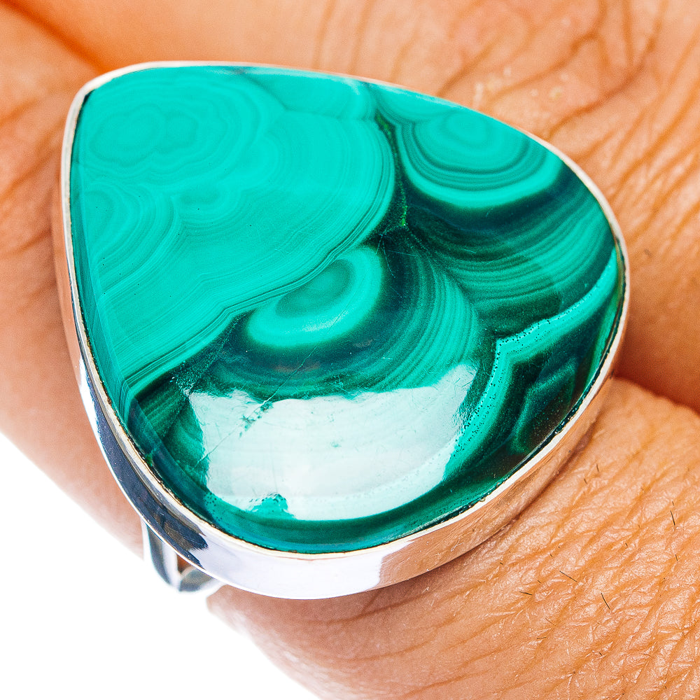 Teardrop malachite ring with green stone in sterling silver band, size 9
