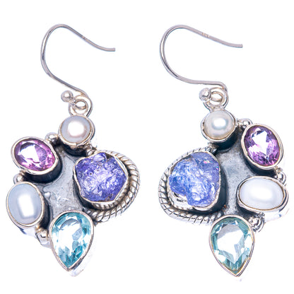 Premium Tanzanite, Blue Topaz, Amethyst, Cultured Pearl Earrings 1 3/4" (925 Sterling Silver) E1598