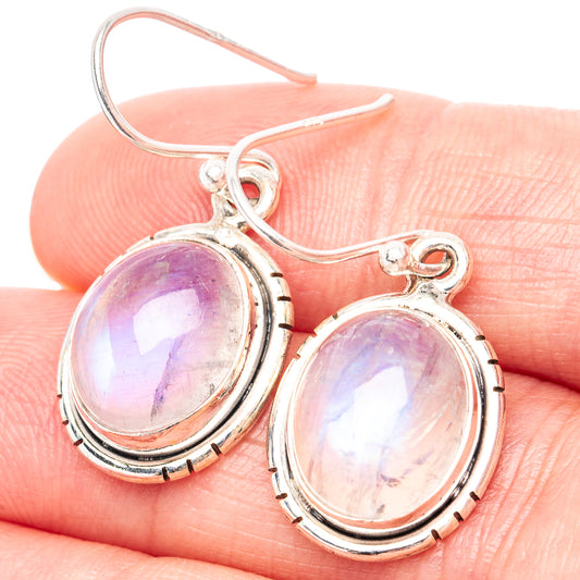 Oval moonstone drop earrings in .925 sterling silver, iridescent pink-purple cabochon