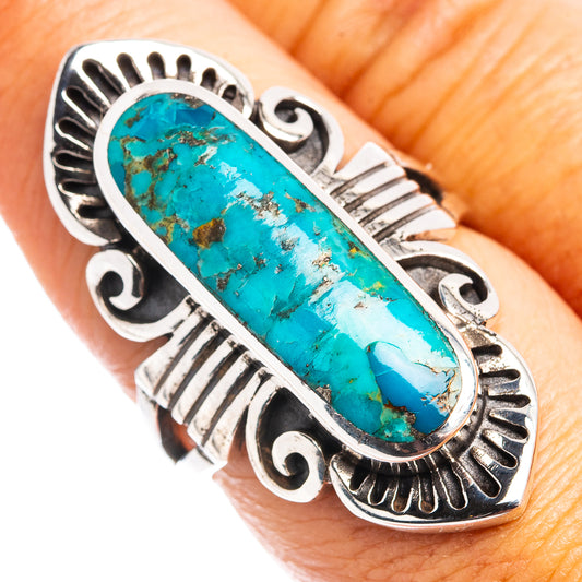 Sterling silver turquoise oval ring, blue stone set in ornate scalloped frame