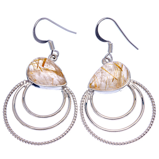 Sterling silver rutilated quartz drop earrings with oval stones, triple hoop design and chains