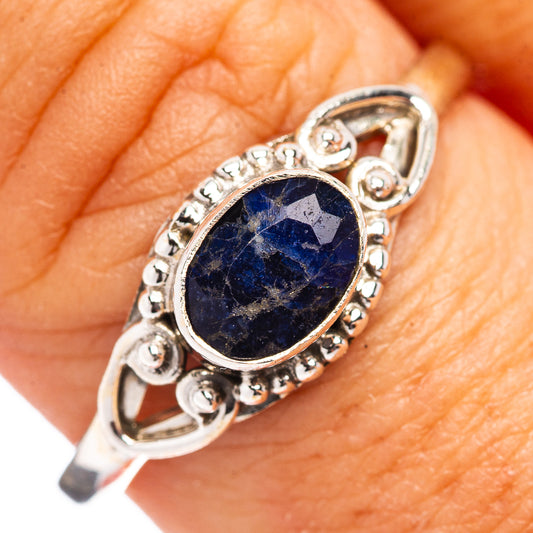 Oval blue sodalite cabochon sterling silver ring with ornate bead setting