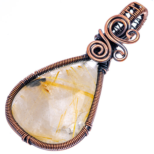 Rutilated quartz wire wrap pendant, clear teardrop with golden-rutile strands, oxidized copper