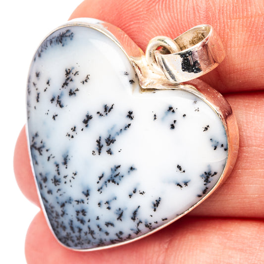 Dendritic agate heart pendant in .925 sterling silver, white stone with dark dendrites