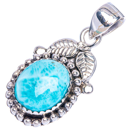 Larimar oval pendant, bright blue stone in 925 sterling silver textured frame and bail