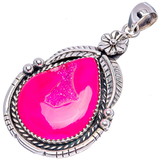 Pink druzy agate teardrop pendant, .925 sterling silver with floral bail and rope border