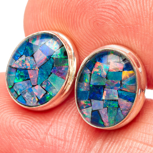 925 sterling silver opal mosaic stud earrings, round multicolor iridescent cabochon