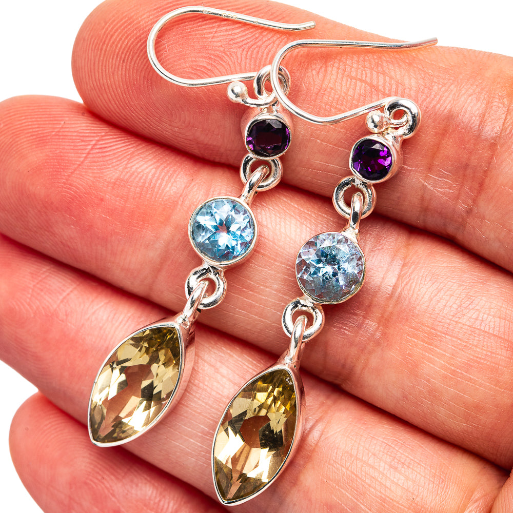 Sterling silver gemstone dangle earrings with purple, blue and yellow drops