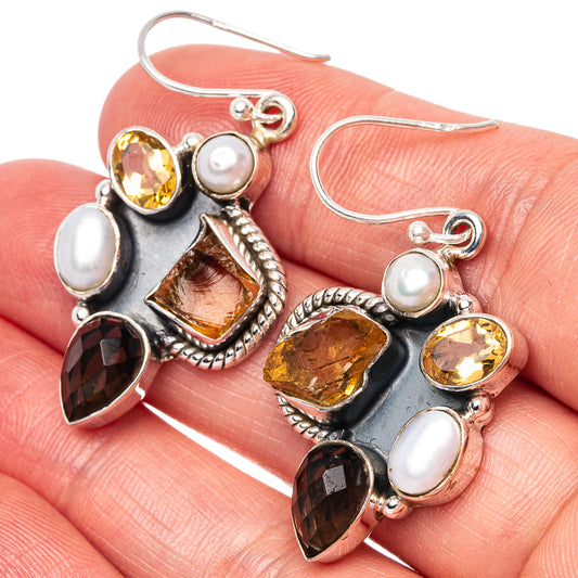 Premium Faceted Citrine, Smoky Quartz, Cultured Pearl Earrings 1 5/8" (925 Sterling Silver) E1601