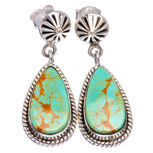 Turquoise teardrop dangle earrings, .925 sterling silver, ornate bezel and hook drops