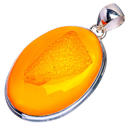 Orange Druzy 925 Sterling Silver Pendant 1 3/4"